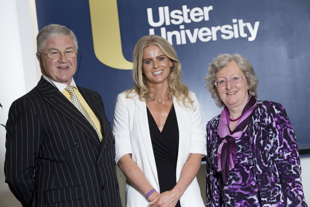 Professor Tara Moore with Professor John Marshall (Frost Professor of Ophthalmology at the Institute of Ophthalmology in association with Moorfield’s Eye Hospital, UCL) and Professor Carol Curran (Dean of the Faculty of Life and Health Sciences at Ulster University). (Photo: Nigel McDowell/Ulster University)